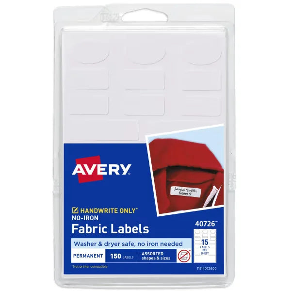 Avery&reg; No-Iron Fabric Labels, Assorted Shapes and Sizes, Washer and Dryer-Safe Labels, Non-Printable, 150 Blank Labels Total (40726)
