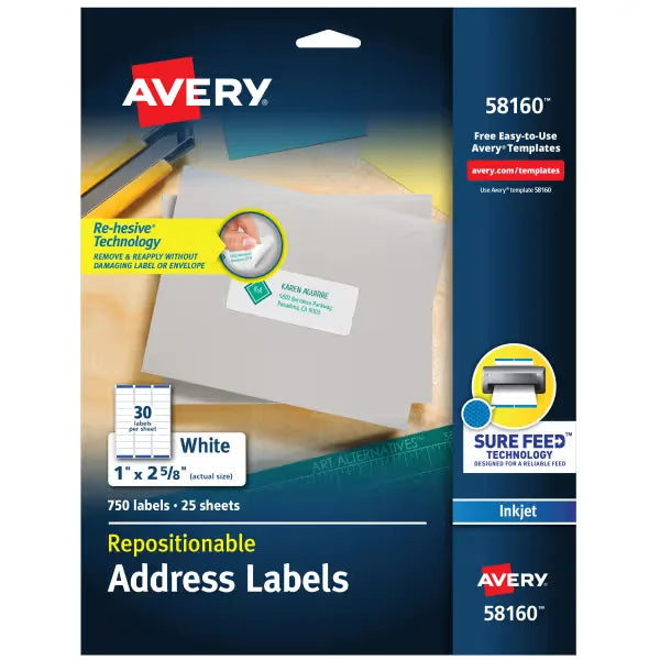 Avery&reg; Repositionable Address Labels, Repositionable Adhesive, 1" x 2-5/8", 750 Labels (58160)
