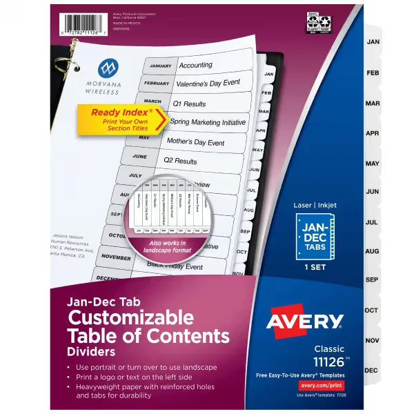 Avery&reg; Ready Index&reg; Jan-Dec Dividers, 12 Tab Set, Customizable Table of Contents, White Tabs (11126)