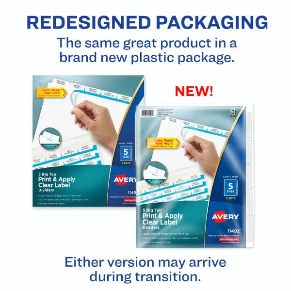 Avery&reg; Big Tab&trade; Print & Apply Clear Label Dividers, Index Maker&reg; Easy Apply&trade; Printable Label Strip, 5 White Tabs, 5 Sets (11492)