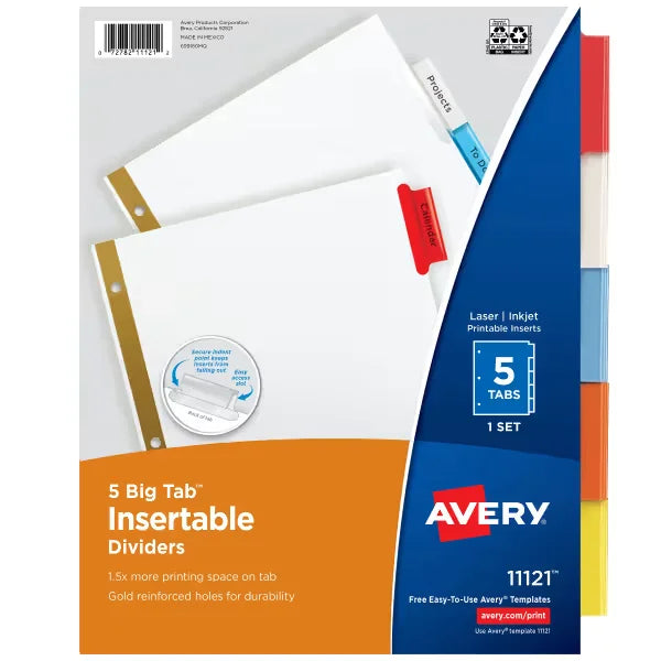 Avery&reg; Big Tab&trade; Insertable Dividers, 5-Tab Set, Multicolor (11121)