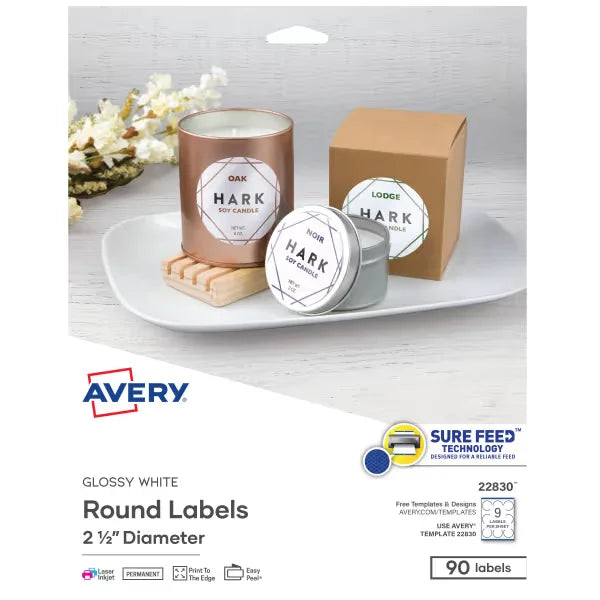 Avery&reg; Glossy White Round Labels with Sure Feed&trade;, 2-1/2" Diameter, 90 Labels, Permanent Adhesive (22830)