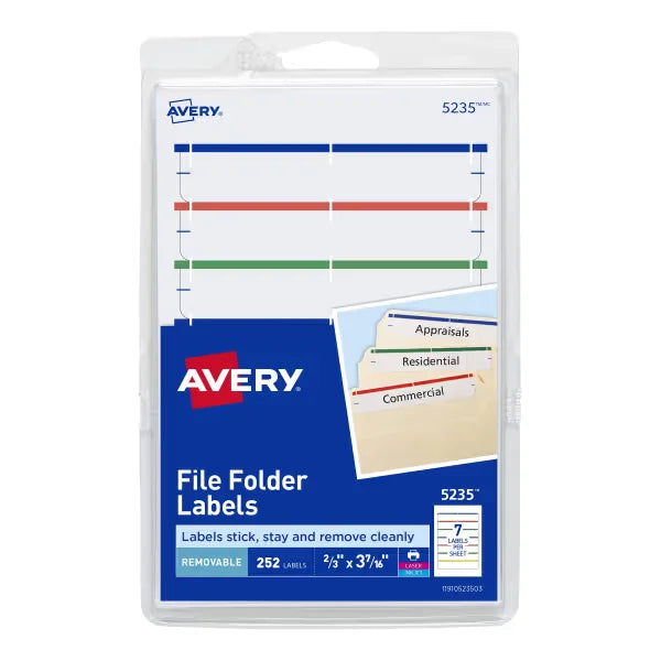 File Folder Labels on 4” x 6” Sheets, Removable Adhesive, Assorted, 2/3” x 3-7/16”, 252 Labels (5235)