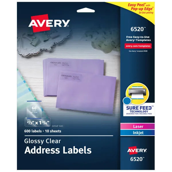 Avery&reg; Easy Peel&reg; Address Labels, Glossy, Clear, 2/3" x 1-3/4", 600 Labels (6520)