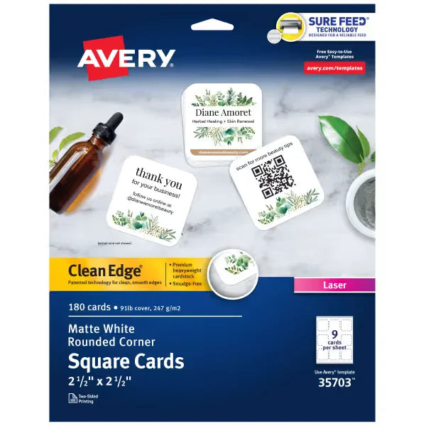 Avery&reg; Clean Edge&reg; Square Cards, Rounded Corners, 2-1/2" x 2-1/2", White, 180 Blank Cards (35703)