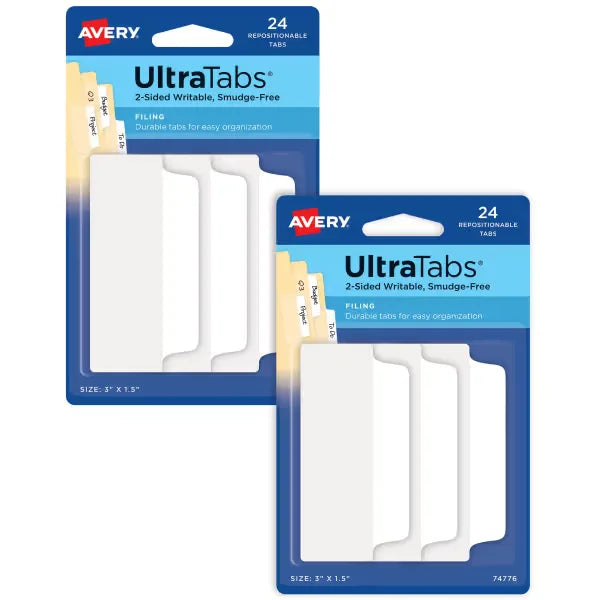 Avery&reg; Ultra Tabs&trade;, File Tabs, 3" x 1.5", 2-Side Writable, White, 24 Tabs Per Pack, 2-Pack, 48 Self Adhesive Tabs Total (34777)
