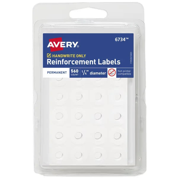 Avery&reg; Hole Reinforcement Labels, 1/4" Diameter, White, Non-Printable, 560 Reinforcement Stickers Total (6734)