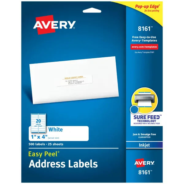 Avery&reg; Easy Peel&reg; Address Labels, Sure Feed&trade; Technology, Permanent Adhesive, 1" x 4", 500 Labels (8161)