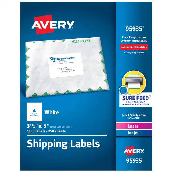Avery&reg; Shipping Labels, Sure Feed&trade; Technology, Permanent Adhesive, 3-1/2" x 5", 1,000 Labels (95935)