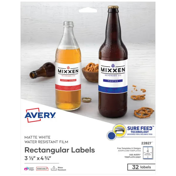 Avery&reg; 3-1/2" x 4-3/4" Water Resistant Rectangle Labels with Sure Feed&trade;, 32 Labels, Removable Adhesive, White (22827)