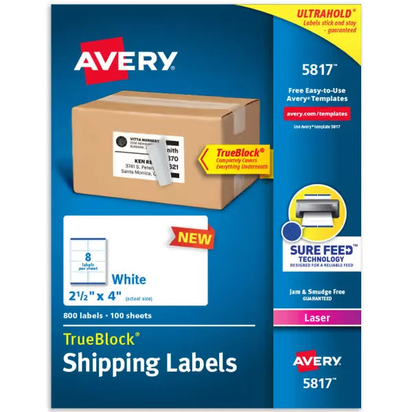 Avery&reg; TrueBlock&reg; Shipping Labels with Sure Feed&trade;, 2-1/2" x 4", Permanent Adhesive, White, 800 Labels, Laser (5817)