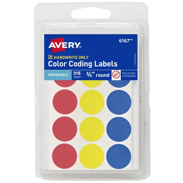 Avery&reg; Color-Coding Removable Labels, 3/4" Diameter, Assorted Colors, Non-Printable, 315 Dot Stickers Total (6167)