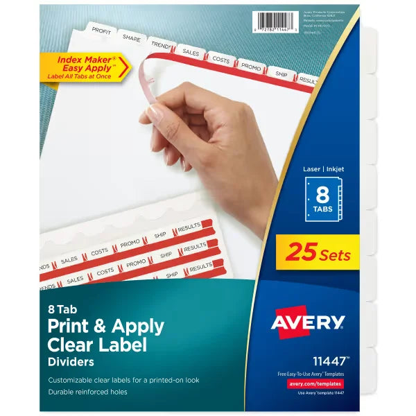 Avery&reg; 8-Tab Dividers, Print & Apply Clear Label Strip, Index Maker&reg; Easy Apply&trade;, White, 25 Sets (11447)