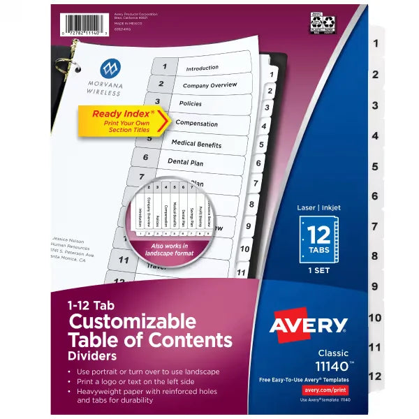 Avery&reg; Ready Index&reg; Dividers for 3 Ring Binders, 12 Tab Sets, Customizable Table of Contents, White Tabs (11140)
