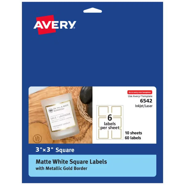 Avery&reg; Matte White Labels with Metallic Gold Borders, 3" x 3" Square Labels, 60 Total, Laser/Inkjet Printable Labels (6542)