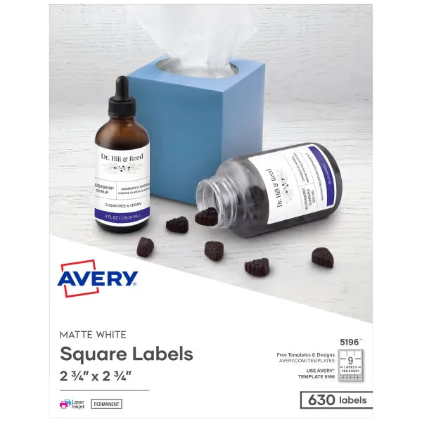 Avery&reg; 2-3/4" x 2-3/4" Square Labels, 630 Labels, Permanent Adhesive, Matte White (5196)