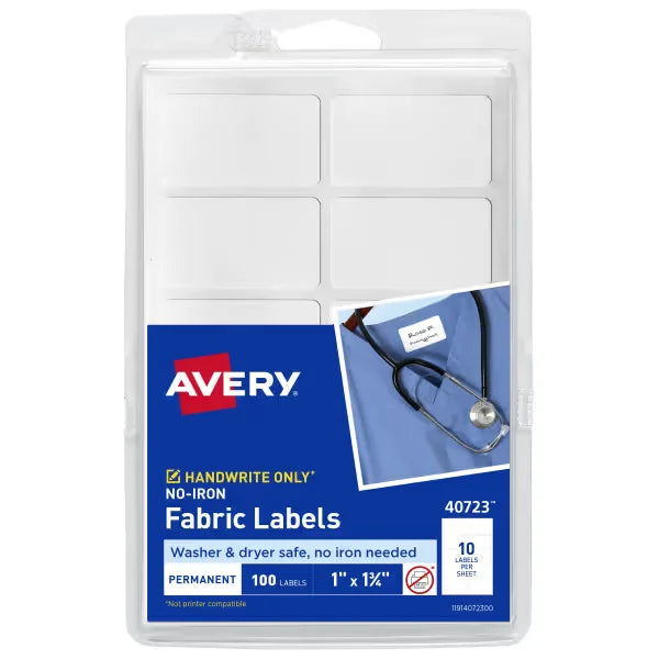 Avery&reg; No-Iron Fabric Labels, 1" x 1-3/4", Washer and Dryer-Safe Labels, Non-Printable, 100 Blank Labels Total (40723)
