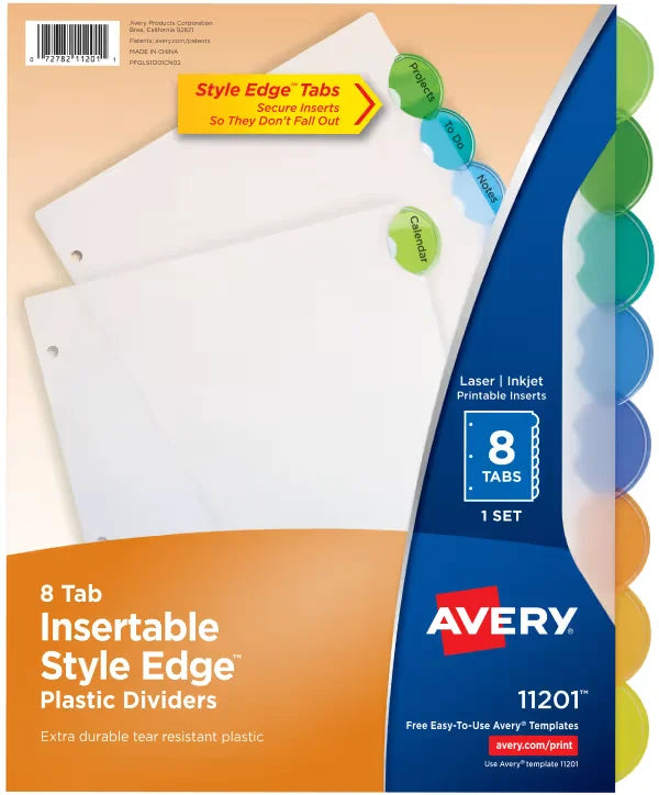 Avery&reg; Insertable Style Edge&trade; Plastic Dividers, 8-Tab Set, Multicolor (11201)