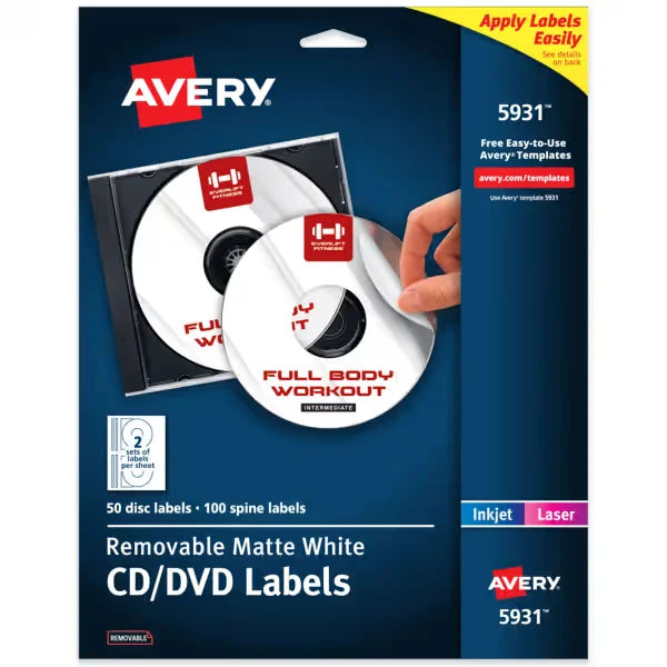 Avery&reg; CD Labels, Matte White, Removable Adhesive, Laser & Inkjet Printers, 50 CD Labels & 100 Spine Labels (5931)