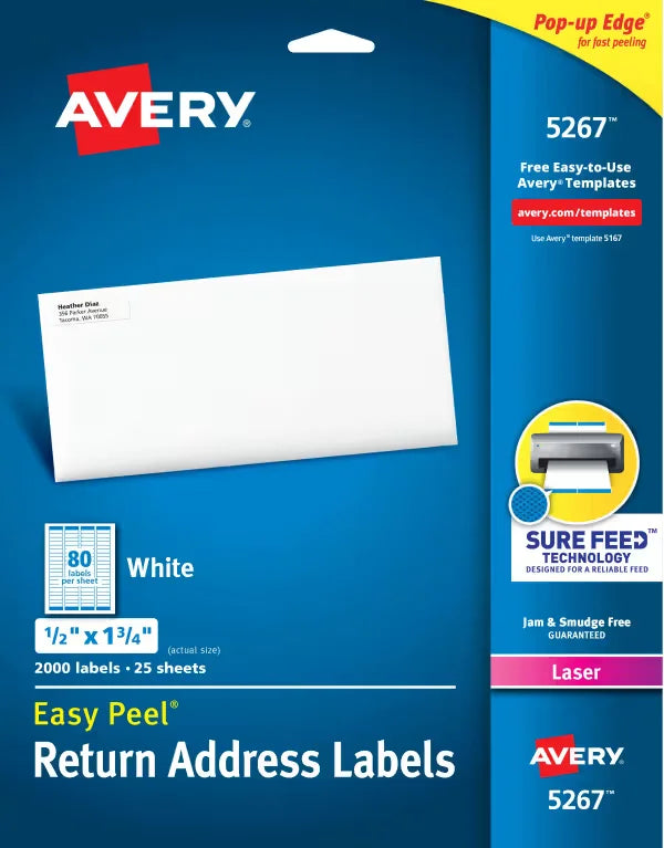 Avery&reg; Easy Peel&reg; Return Address Labels, Sure Feed&trade; Technology, Permanent Adhesive, 1/2" x 1-3/4", 2,000 Labels (5267)