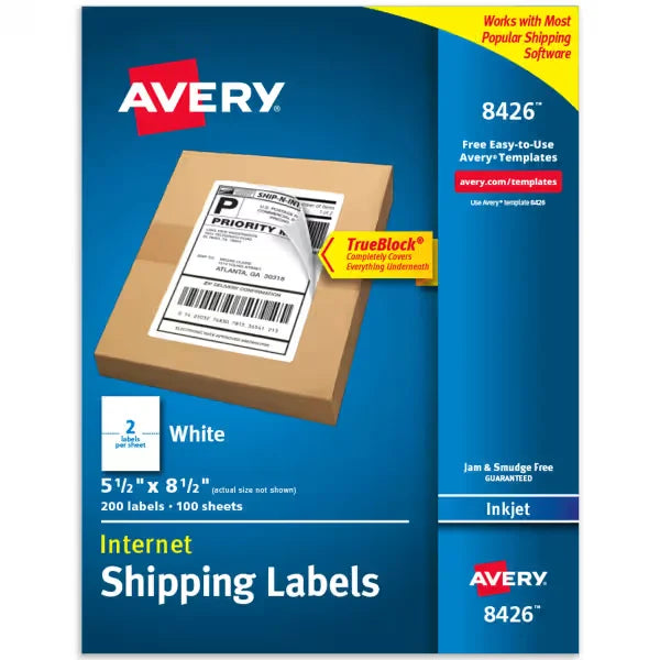 Avery&reg; Half-Sheet Shipping Labels, 5-1/2" x 8-1/2", White, 200 Blank Mailing Labels (8426)