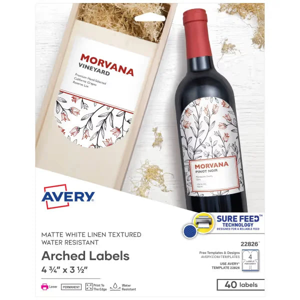 Avery&reg; 4-3/4" x 3-1/2" Arched Labels with Sure Feed&trade;, Textured Matte White, 40 Labels, Permanent Adhesive (22826)
