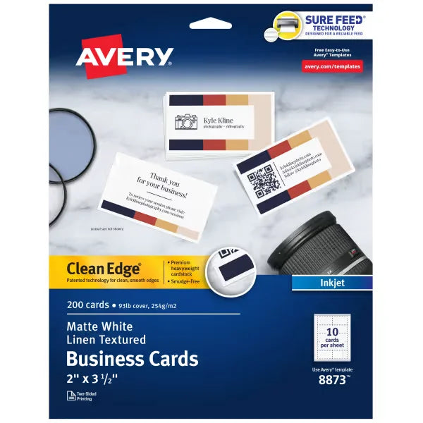 Avery&reg; Clean Edge&reg; Business Cards with Sure Feed Technology, 2" x 3-1/2", Textured White, 200 Blank Cards (08873)