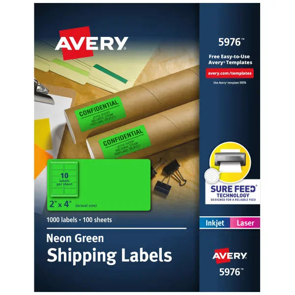 Avery Shipping Labels with Sure Feed, 2" x 4", Neon Green, 1,000 Labels Total, Laser & Inkjet Compatible (5976)