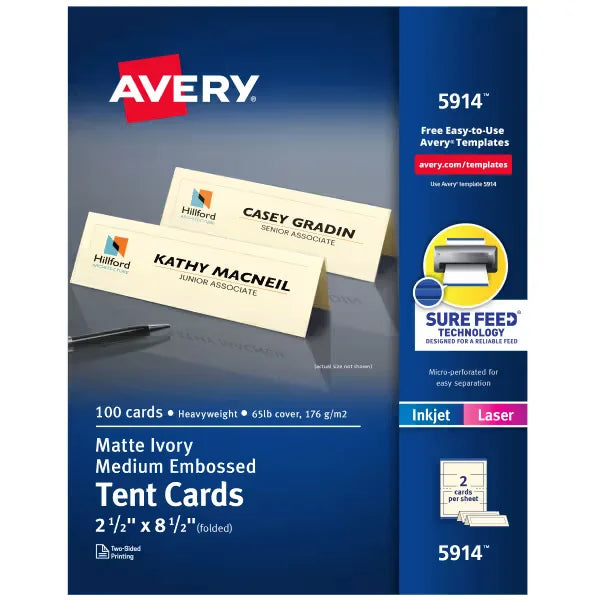 Avery&reg; Embossed Tent Cards with Sure Feed&reg; Technology, 2-1/2" x 8-1/2", Ivory, 100 Printable Place Cards (5914)