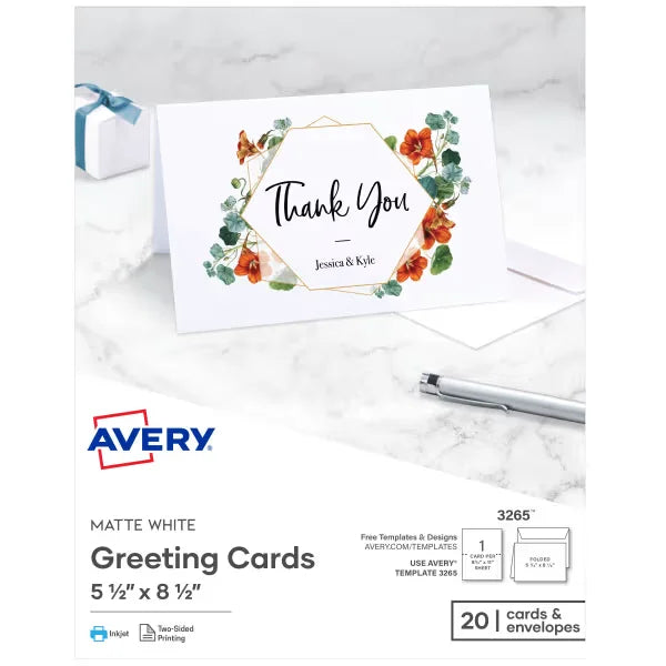 Avery&reg; Half-Fold Greeting Cards with Envelopes, 5-1/2" x 8-1/2", Matte White, Inkjet Printers, 20 Total (3265)
