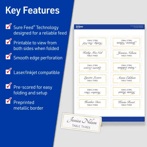Avery&reg; Gold Border Place Cards with Sure Feed&reg; Technology, 1-7/16" x 3-3/4", White, 150 Printable Tent Card (35701)