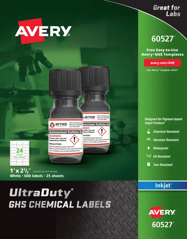Avery&reg; UltraDuty&reg; GHS Chemical Labels for Pigment Inkjet Printers, Permanent Adhesive, Waterproof, UV Resistant, 1" x 2.5", 600 Labels (60527)