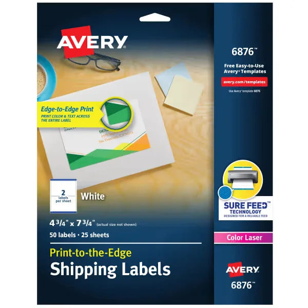 Avery&reg; Print-to-the-Edge Shipping Labels with Sure Feed&reg;, 4-1/4" x 7-1/4", Matte White, 50 Labels (6876)