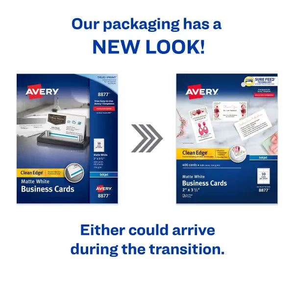 Avery&reg; Clean Edge&reg; Business Cards with Sure Feed Technology, 2" x 3-1/2", White, 400 Blank Cards (08877)