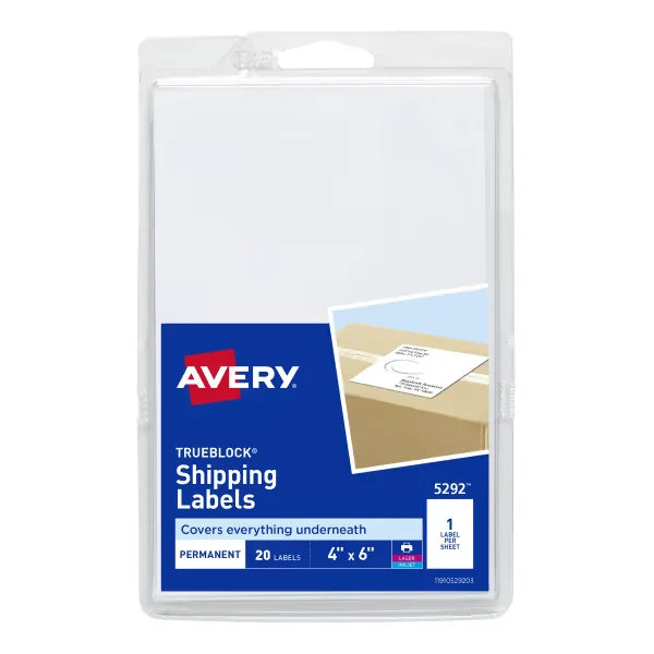 Avery&reg; Shipping Labels, TrueBlock&reg; Technology, Permanent Adhesive,  4" x 6",  20 Labels (5292)