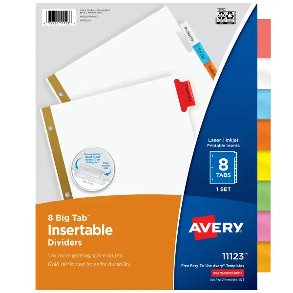 Avery&reg; Big Tab&trade; Insertable Dividers, 8-Tab Set, Multicolor (11123)
