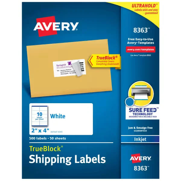 Avery&reg; TrueBlock&reg; Shipping Labels, Sure Feed&trade; Technology, Permanent Adhesive, 2" x 4", 500 Labels (8363)
