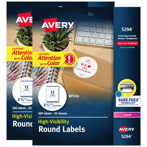 Avery&reg; High Visibility Round Labels with Sure Feed&trade;, 2-1/2" Diameter, White, 600 Labels Total (45294)