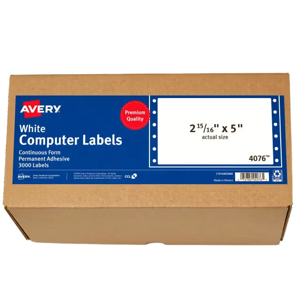 Avery&reg; White Computer Labels, 2-15/16" x 5", Dot Matrix Labels and Pin-Feed Labels, 3,000 Total (4076)