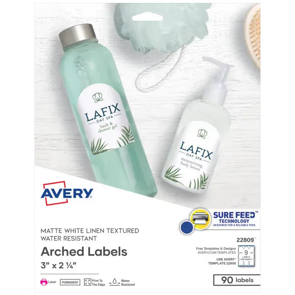 Avery&reg; 3" x 2-1/4" Arched Labels with Sure Feed&trade;, Textured Matte White, 90 Labels, Permanent Adhesive (22809)