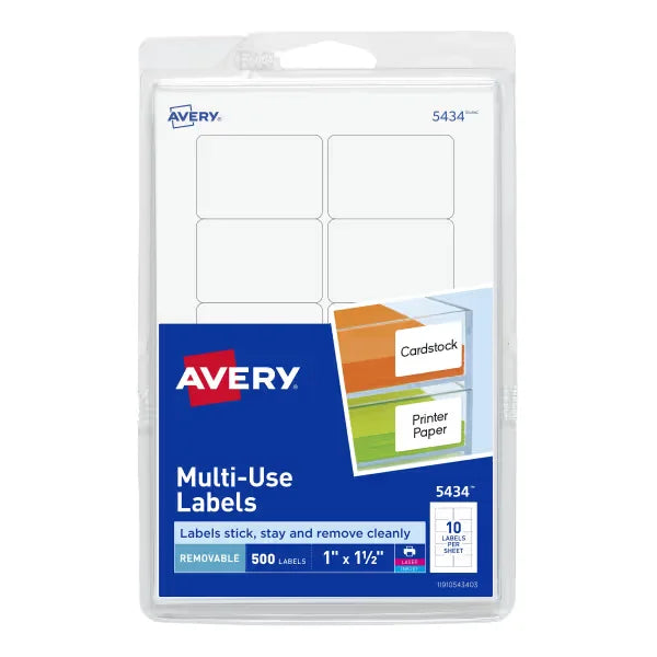 Avery&reg; Removable Labels, Removable Adhesive, 1" x 1-1/2", 500 Labels (5434)