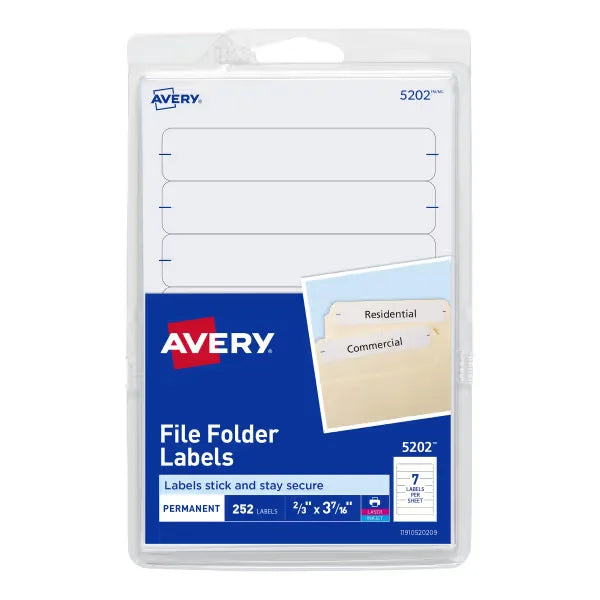File Folder Labels on 4” x 6” Sheets, Easy Peel, White, Print or Handwrite, 2/3” x 3-7/16”, 252 Labels (5202)