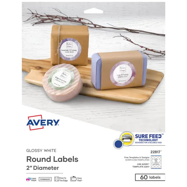 Avery&reg; Round Labels with Sure Feed&reg;, 2" Diameter, Glossy White, Laser & Inkjet Compatible, 60 Total (22817)