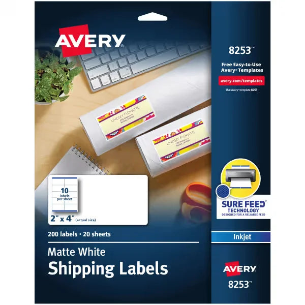 Avery&reg; Shipping Labels with Sure Feed&reg;, 2" x 4", Matte White, Inkjet Printer Compatible, 200 Labels (8253)