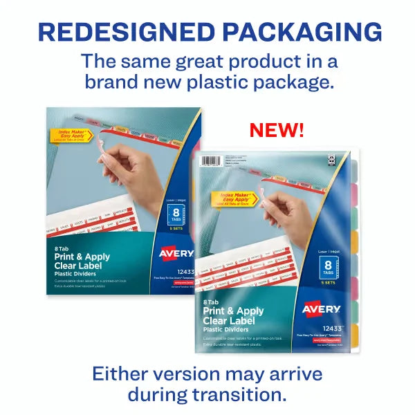 Avery&reg; Print & Apply Clear Label Translucent Plastic Dividers, Index Maker&reg; Easy Apply&trade; Printable Label Strip, 8 Multicolor Tabs, 5 Sets (12433)