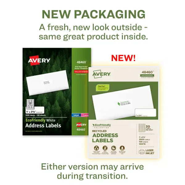 Avery&reg; EcoFriendly Recycled Address Labels, 1" x 2-5/8", White, Permanent, 3,000 Printable Labels (48460)