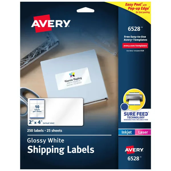 Avery&reg; Shipping Labels with Sure Feed&reg; Technology, Glossy White, 2" x 4", Permanent Adhesive, Laser/Inkjet, 250 Total (6528)
