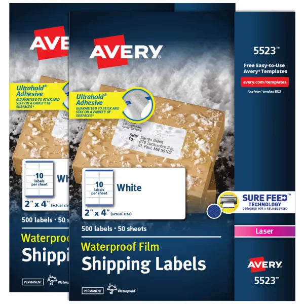 Avery&reg; Waterproof Labels with Ultrahold&reg; Permanent Adhesive, 2" x 4", Laser, 2-Pack, 1,000 Labels Total (25523)