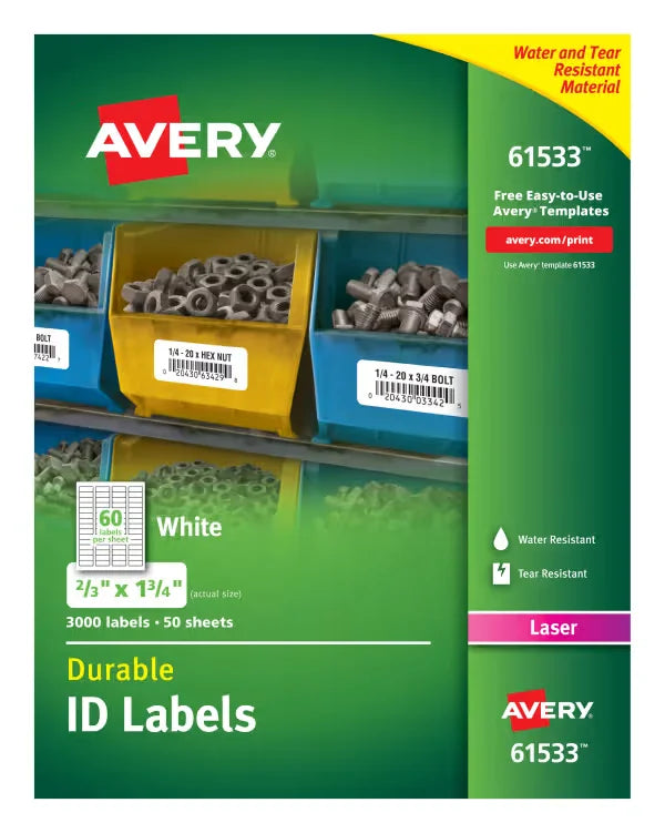 Avery&reg; Durable ID Labels, TrueBlock&reg; Technology, Permanent Adhesive, 2/3” x 1-3/4”, 3,000 Labels (61533)