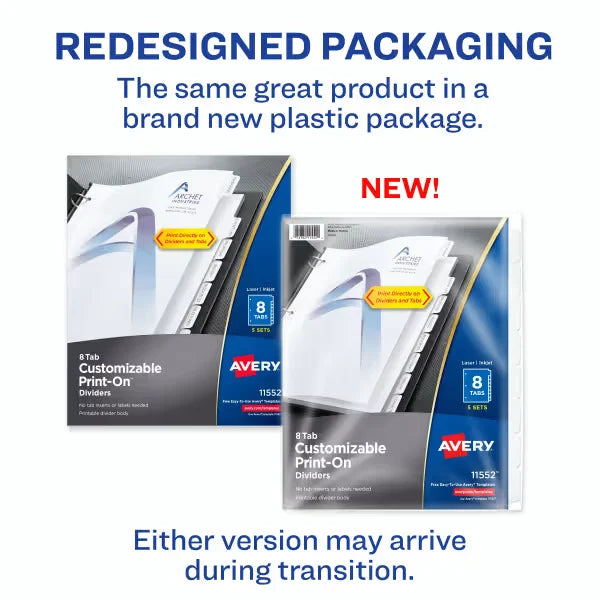 Avery&reg; Print-On&trade; Dividers, 8 Tabs, 5 Sets (11552)